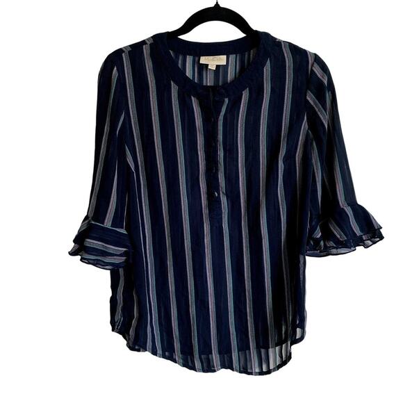 ModCloth Blue Striped Sheer Blouse Size M Tiered Flutter Ruffle Sleeve - Picture 1 of 11